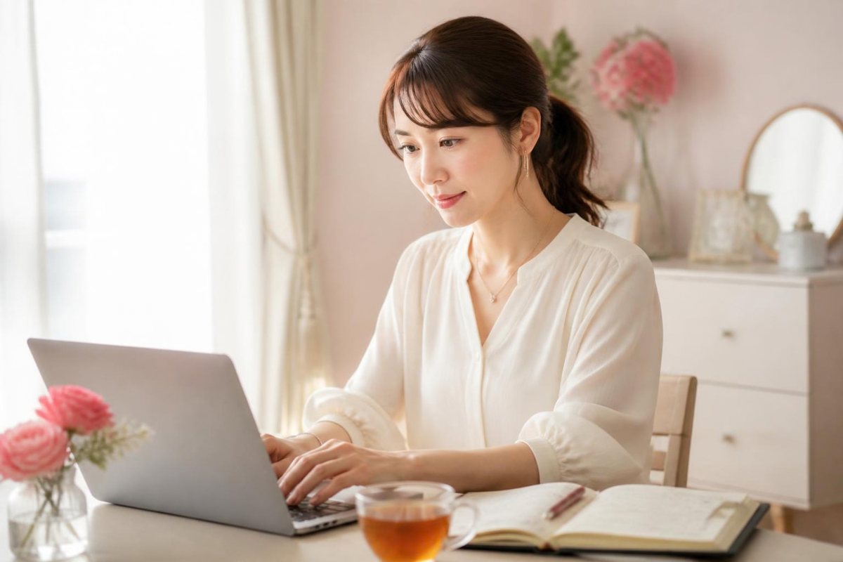 PCの前で講座準備をがんばるお母さん起業家
